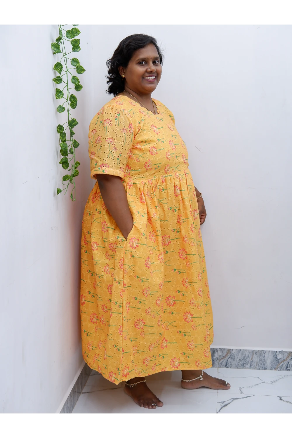 Trendy Puff Sleeve Kurti –Acoba Cotton Midi with lining Length Frock Style for Women