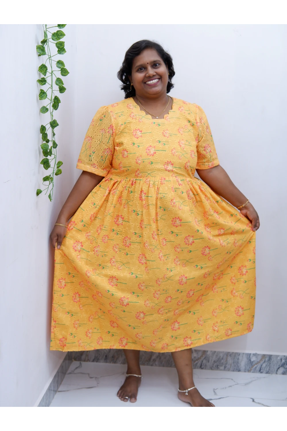 Trendy Puff Sleeve Kurti –Acoba Cotton Midi with lining Length Frock Style for Women