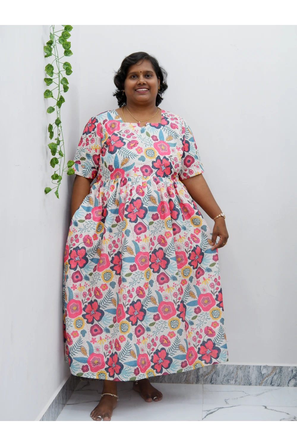 Trendy Puff Sleeve Kurti –Acoba Cotton Midi with lining Length Frock Style for Women