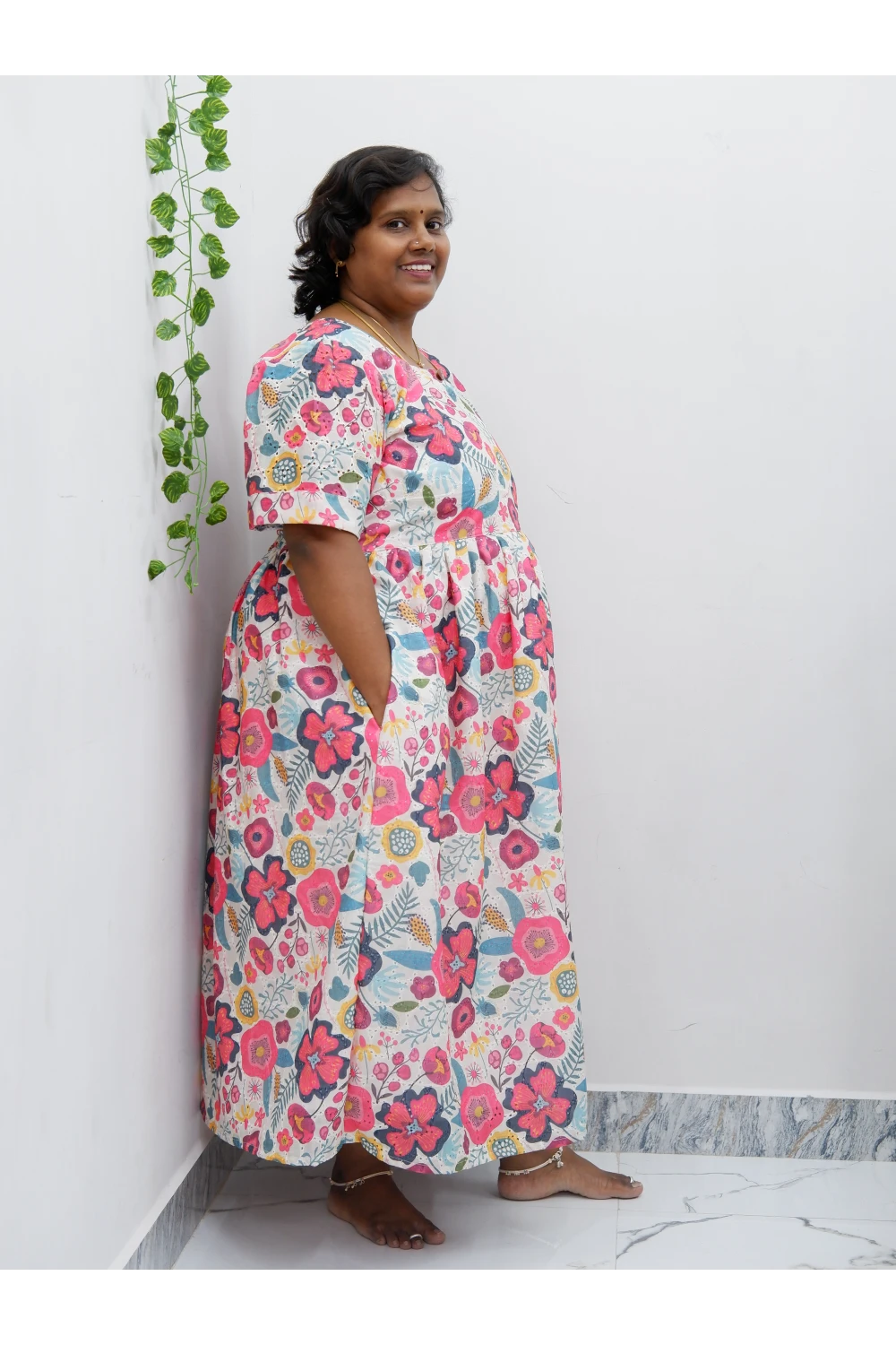 Trendy Puff Sleeve Kurti –Acoba Cotton Midi with lining Length Frock Style for Women