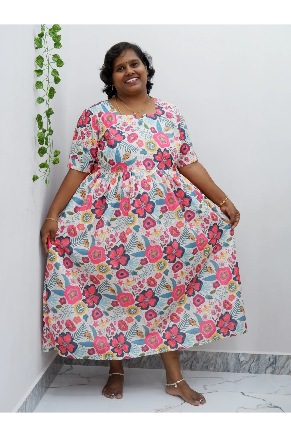 Trendy Puff Sleeve Kurti –Acoba Cotton Midi with lining Length Frock Style for Women