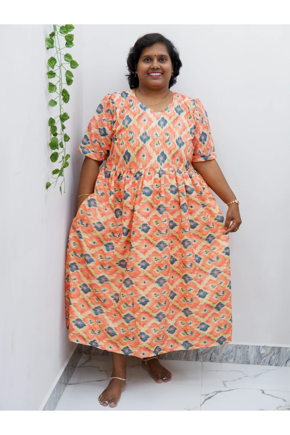 Trendy Puff Sleeve Kurti –Acoba Cotton Midi with lining Length Frock Style for Women