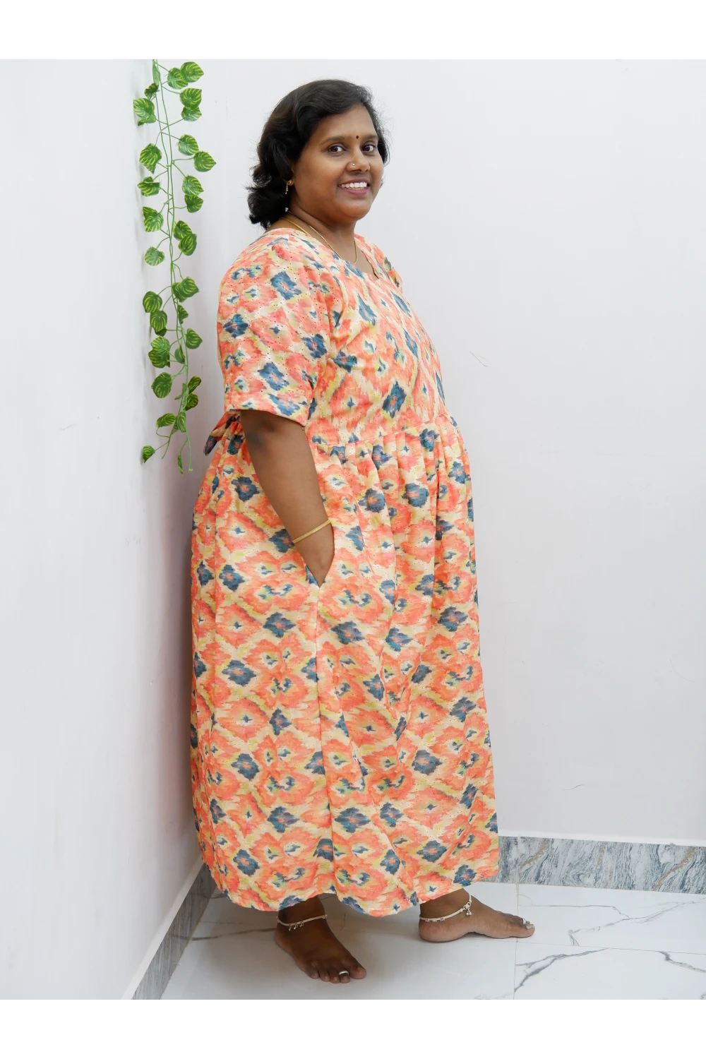 Trendy Puff Sleeve Kurti –Acoba Cotton Midi with lining Length Frock Style for Women