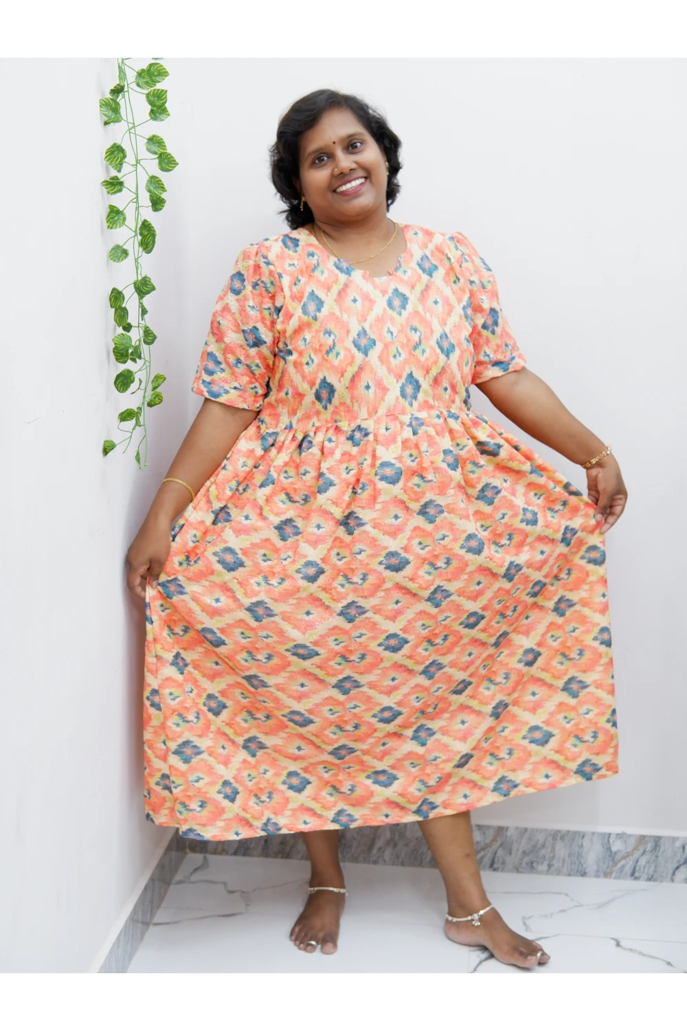 Trendy Puff Sleeve Kurti –Acoba Cotton Midi with lining Length Frock Style for Women