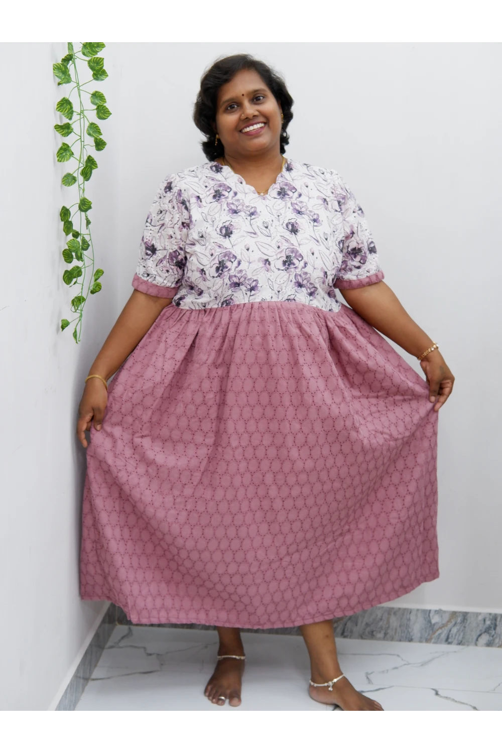 Trendy Puff Sleeve Kurti –Acoba Cotton Midi with lining Length Frock Style for Women