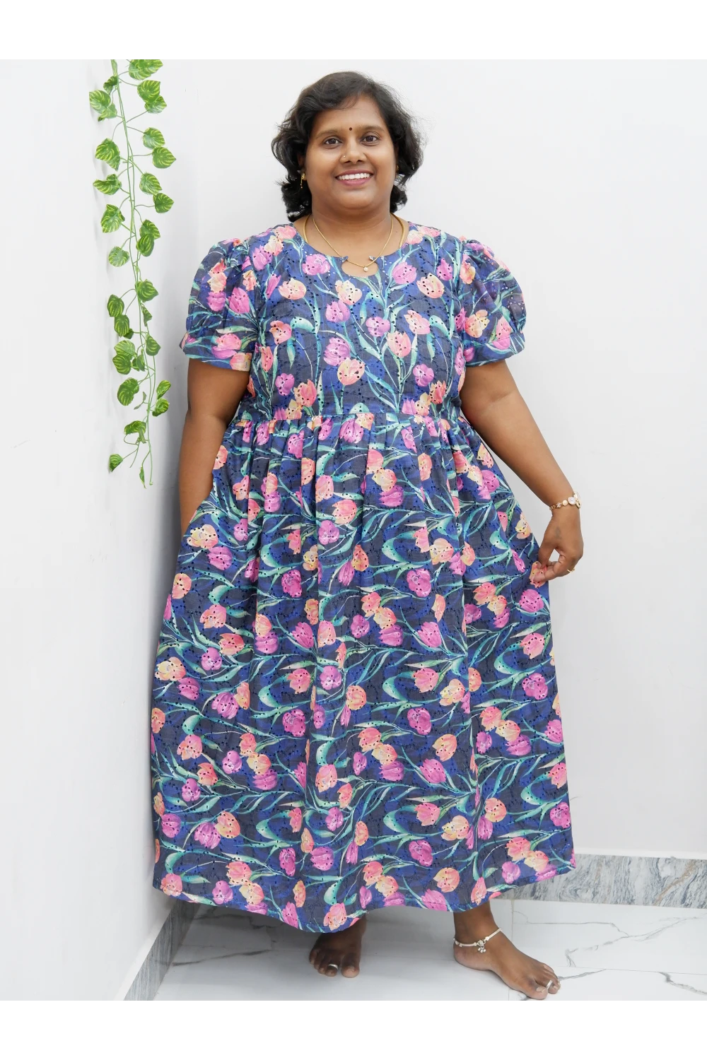 Trendy Puff Sleeve Kurti –Acoba Cotton Midi with lining Length Frock Style for Women