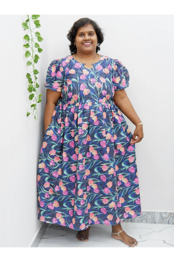 Trendy Puff Sleeve Kurti –Acoba Cotton Midi with lining Length Frock Style for Women