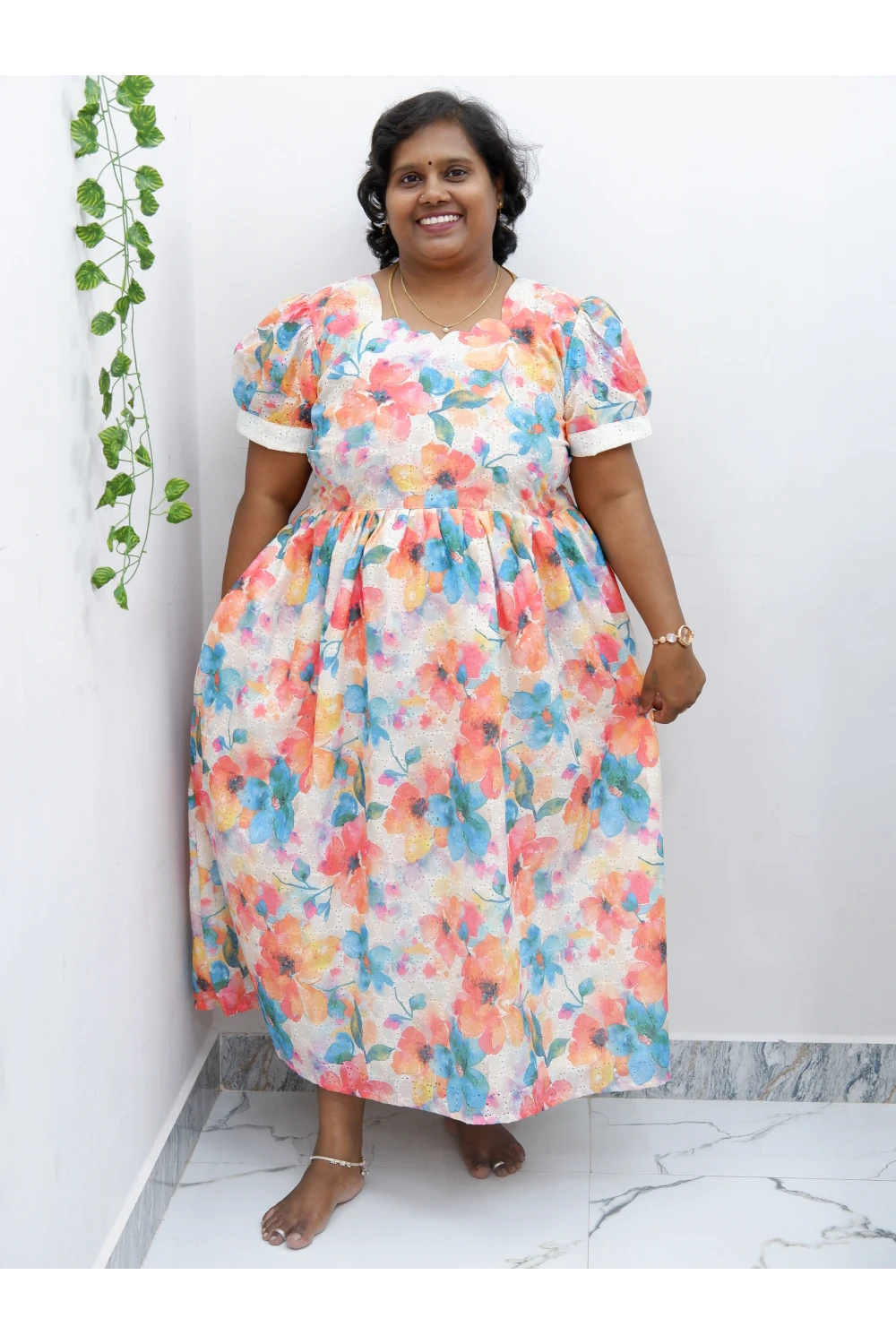 Trendy Puff Sleeve Kurti –Acoba Cotton Midi with lining Length Frock Style for Women