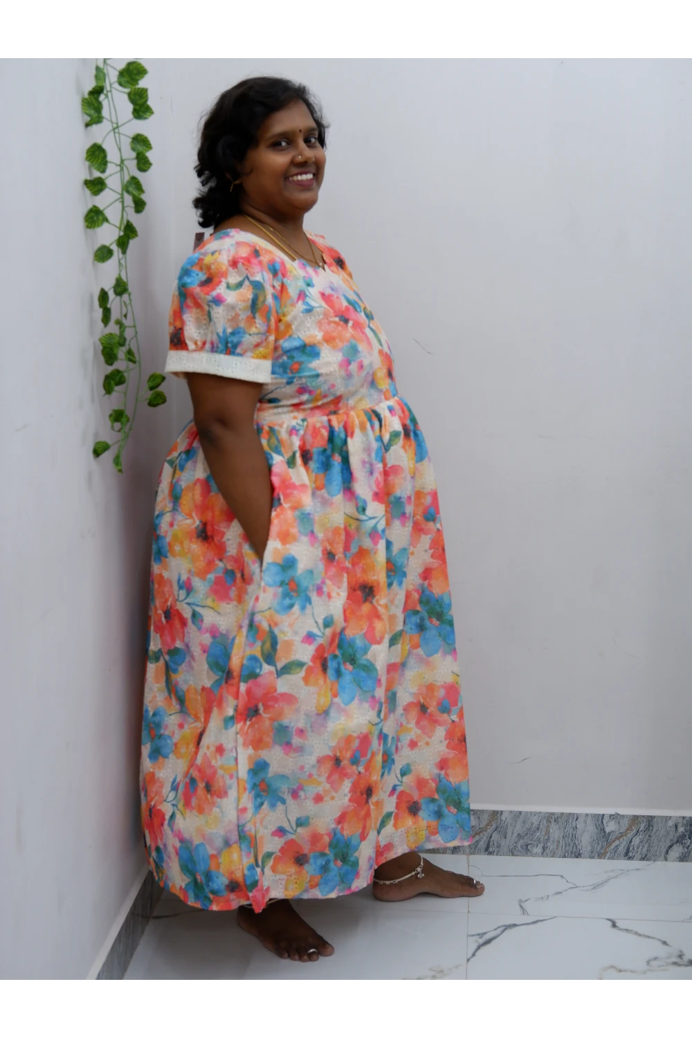 Trendy Puff Sleeve Kurti –Acoba Cotton Midi with lining Length Frock Style for Women