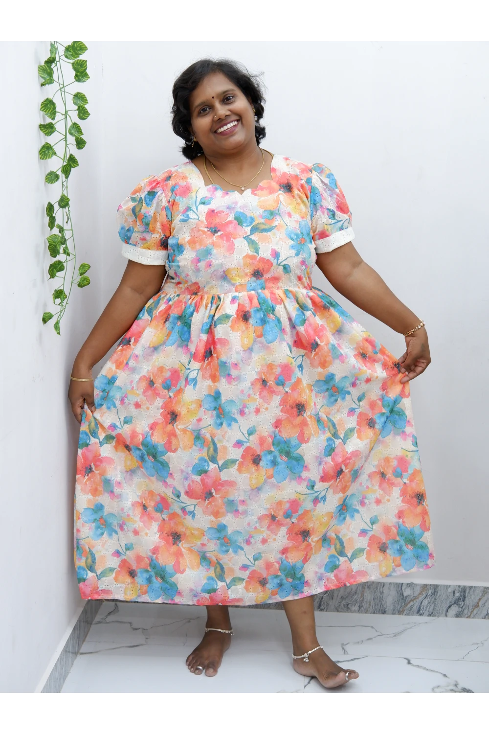 Trendy Puff Sleeve Kurti –Acoba Cotton Midi with lining Length Frock Style for Women