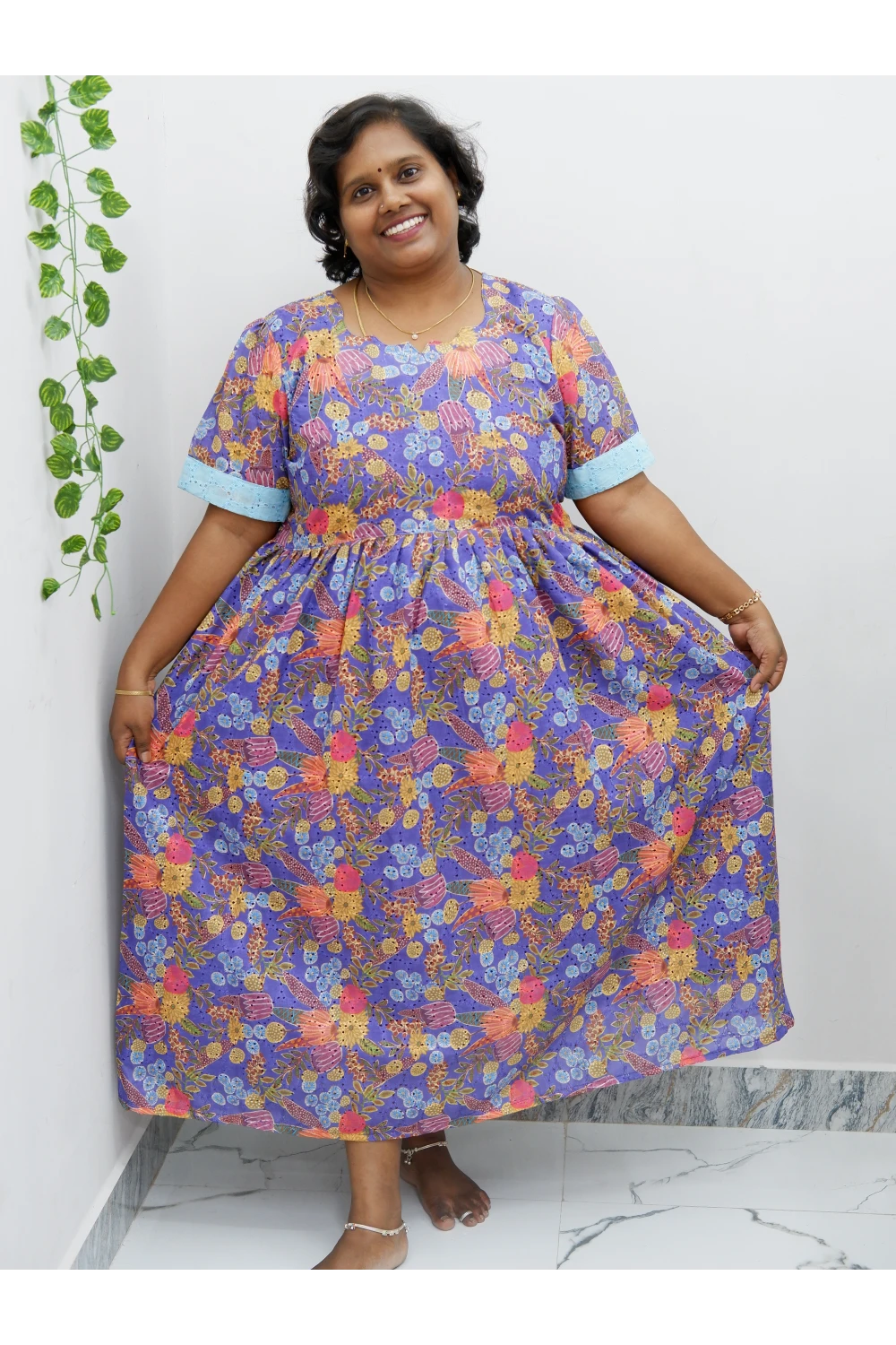 Trendy Puff Sleeve Kurti –Acoba Cotton Midi with lining Length Frock Style for Women