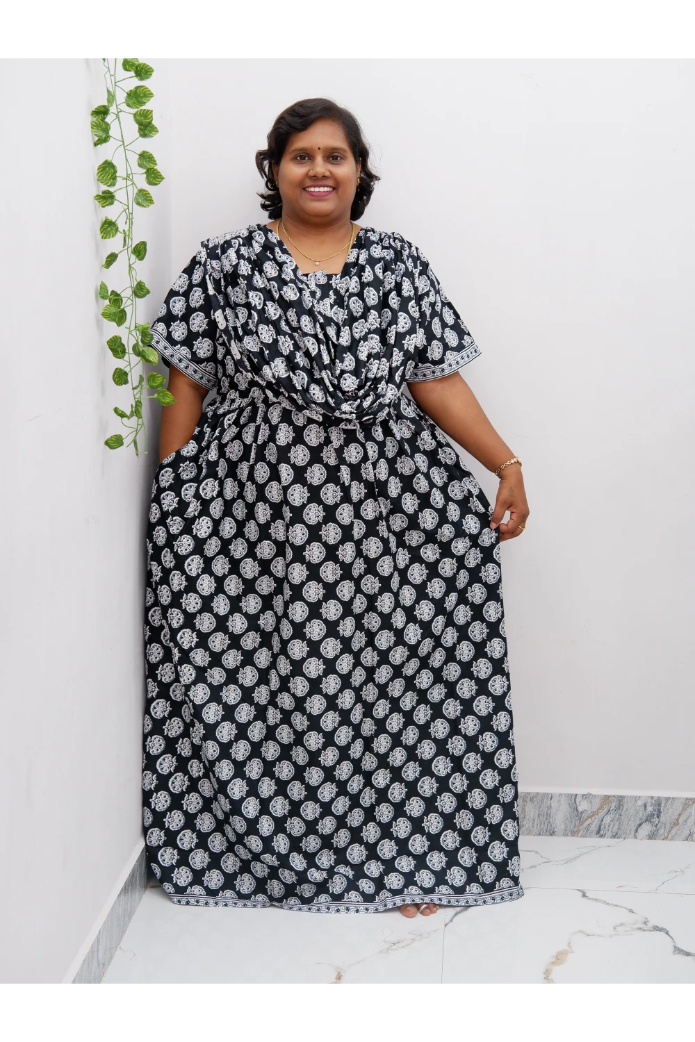 Shawl Draped Cotton Frock Nighty – Soft & Breezy