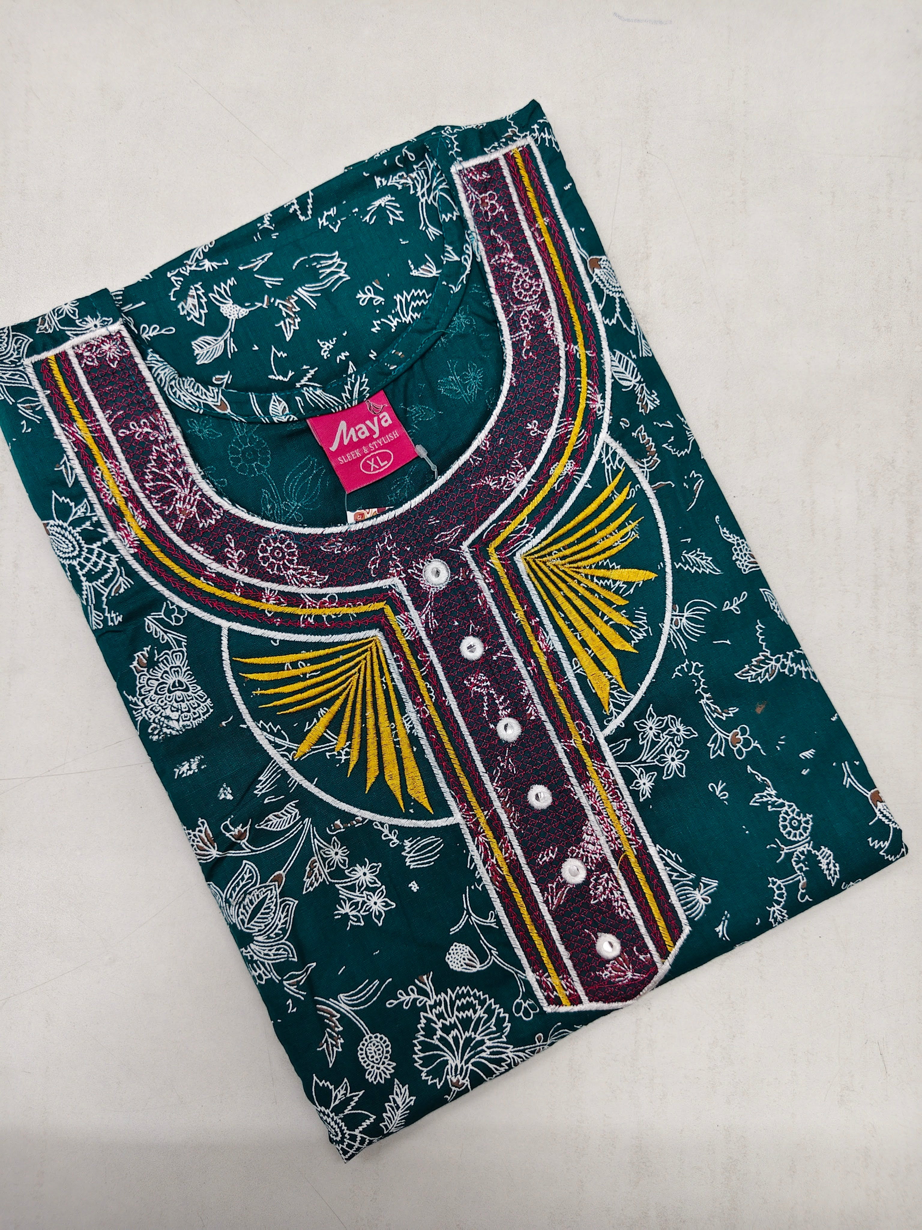 Mirror Work Cotton Nighty with Elegant Embroidery – Soft & Stylis