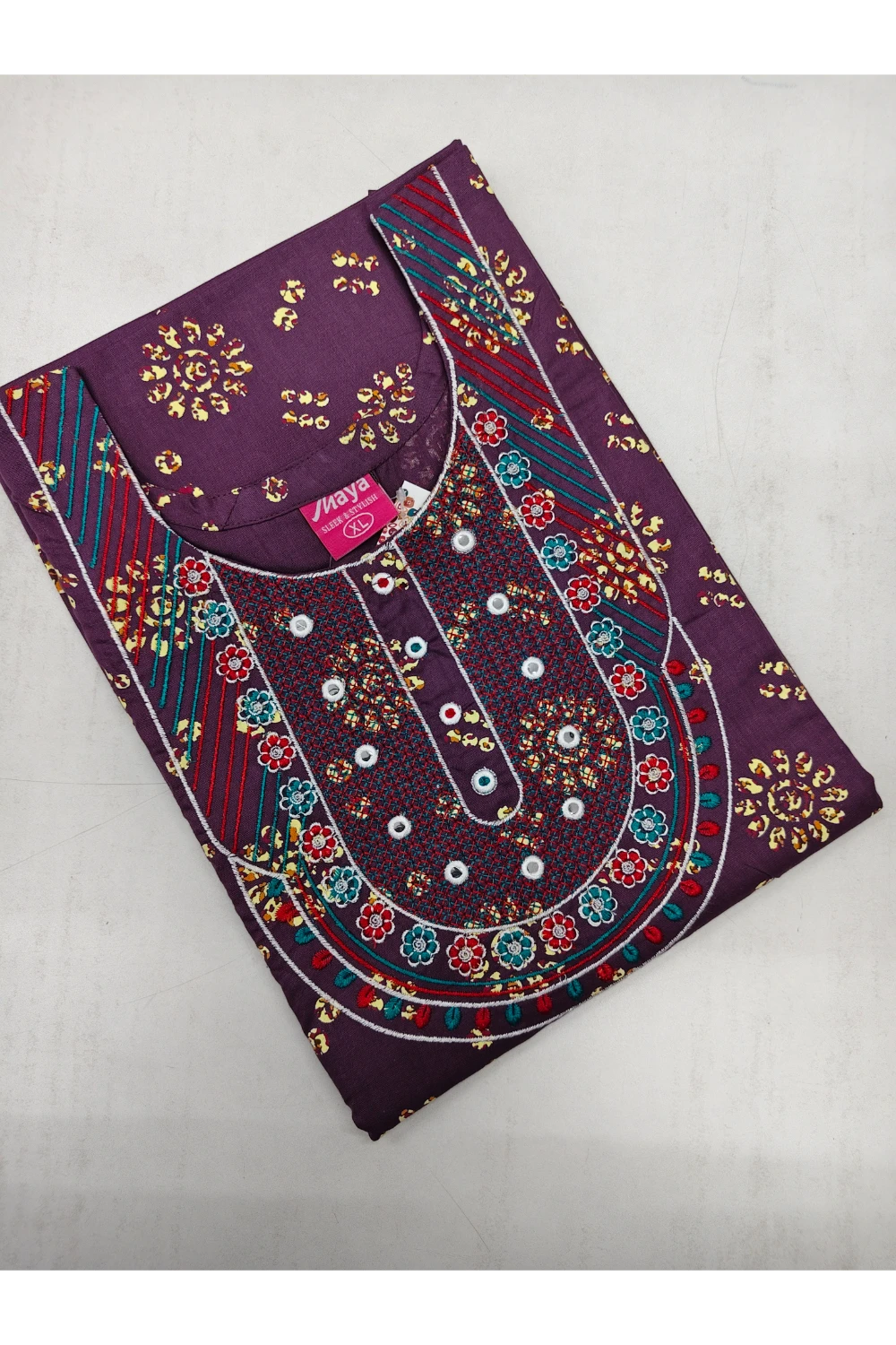 Mirror Work Cotton Nighty with Elegant Embroidery – Soft & Stylis