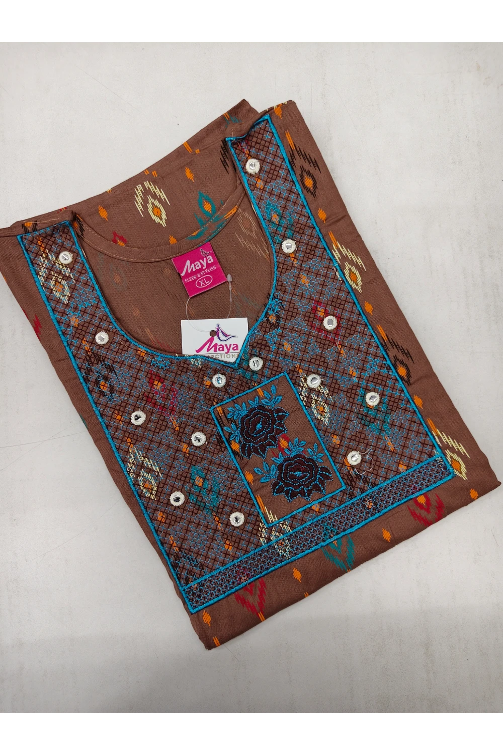 Mirror Work Cotton Nighty with Elegant Embroidery – Soft & Stylis