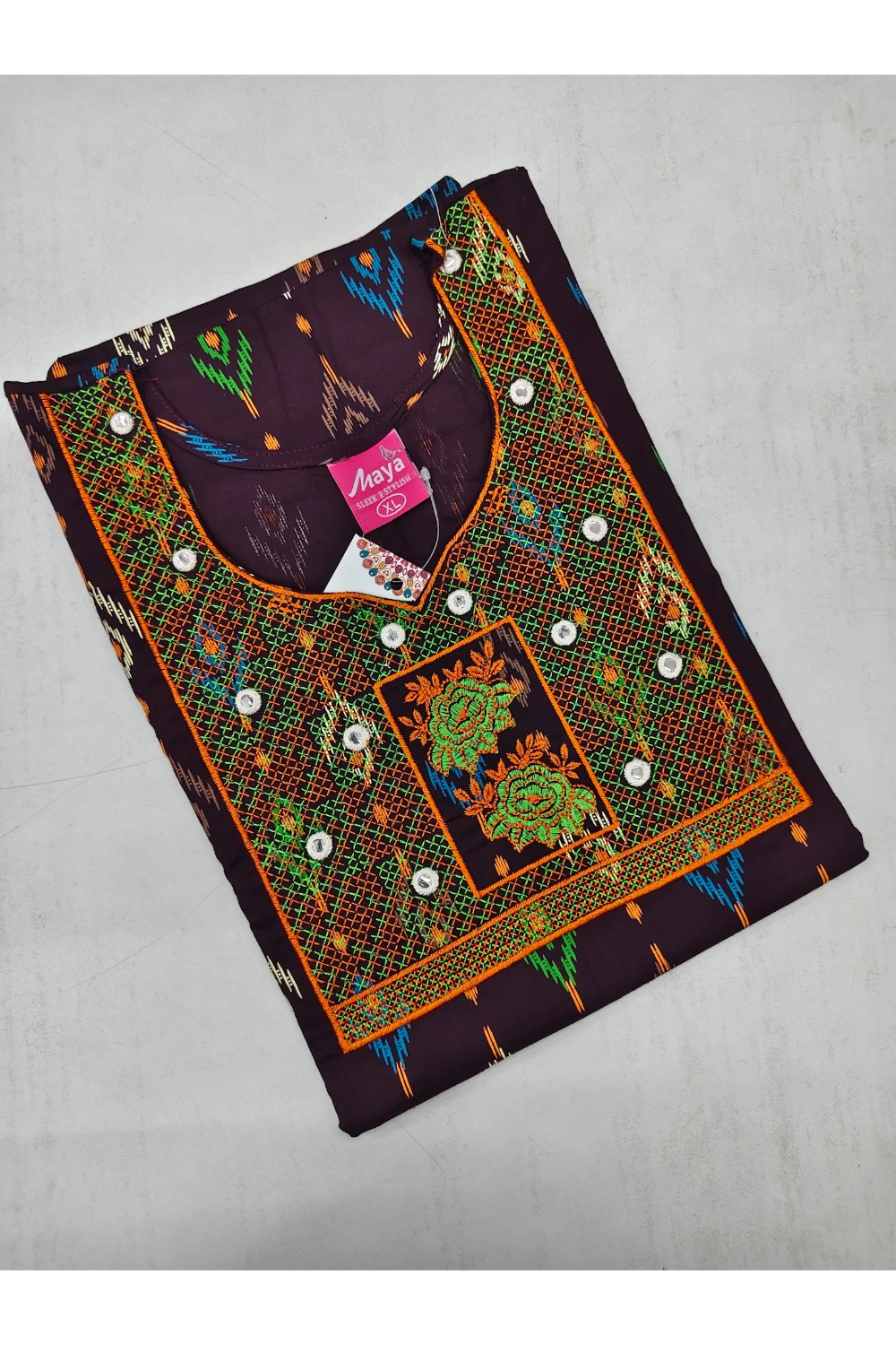 Mirror Work Cotton Nighty with Elegant Embroidery – Soft & Stylis