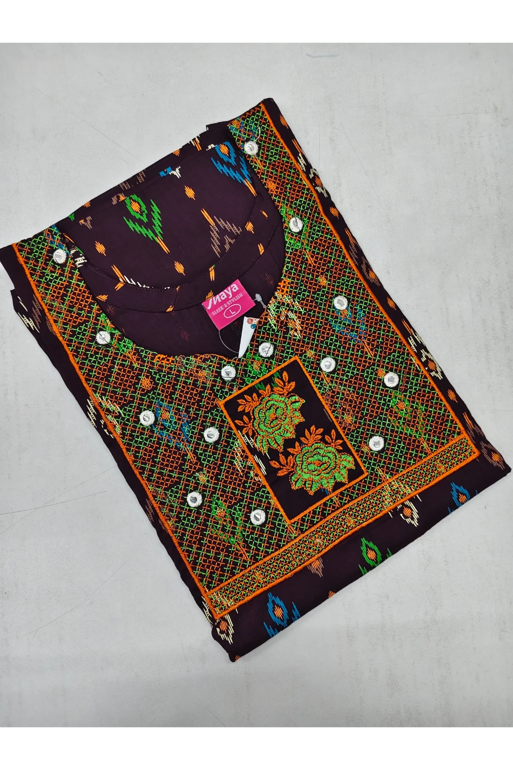 Mirror Work Cotton Nighty with Elegant Embroidery – Soft & Stylis