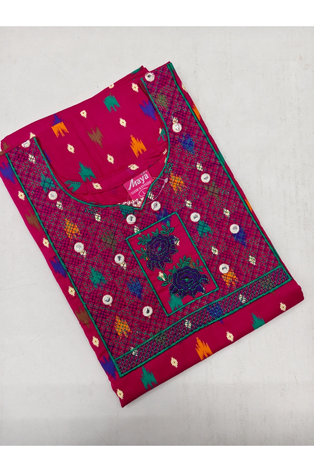 Mirror Work Cotton Nighty with Elegant Embroidery – Soft & Stylis