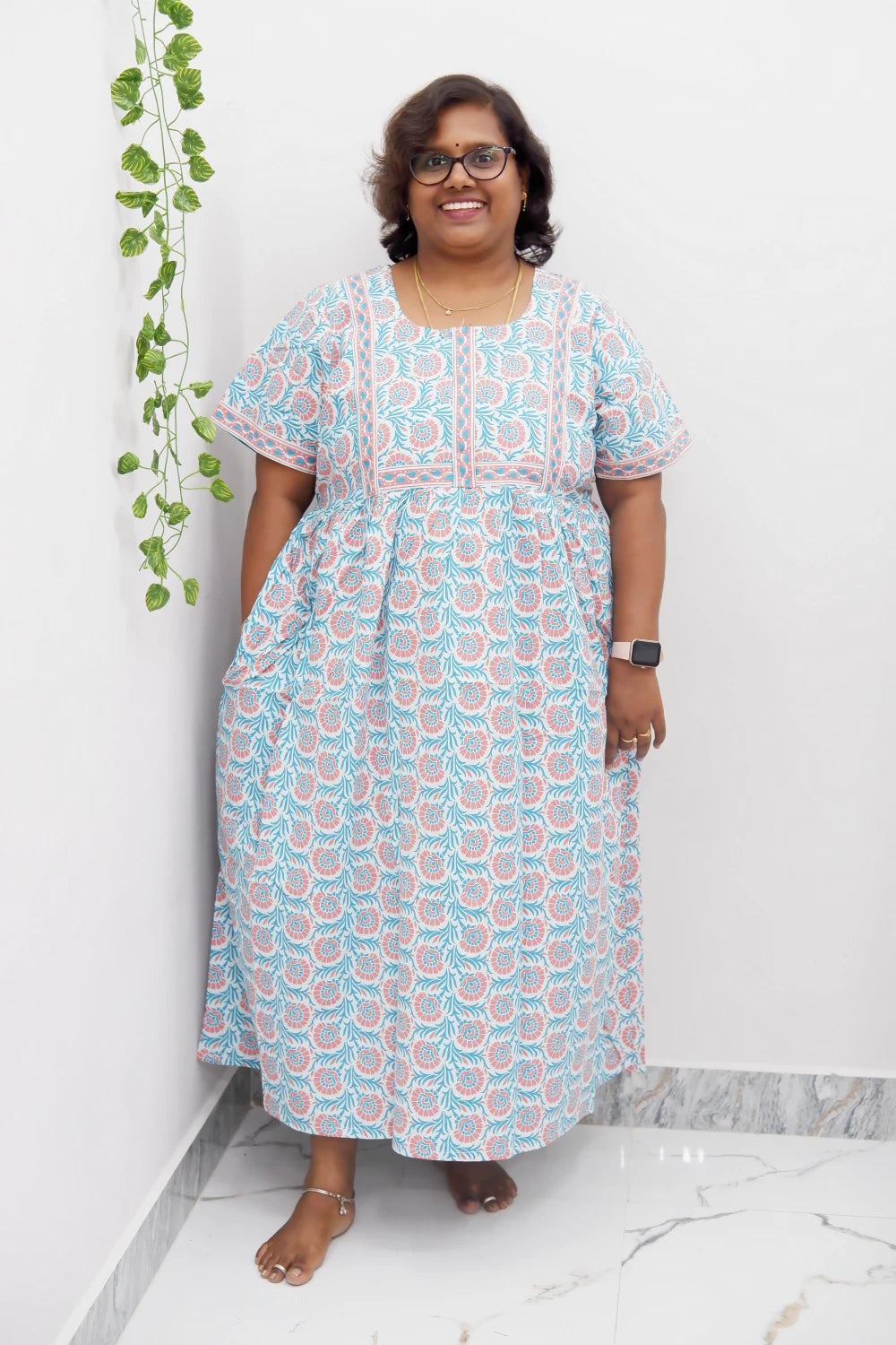Midi Frock with Back Knot & Front Zip Jyothi Cotton Nighty