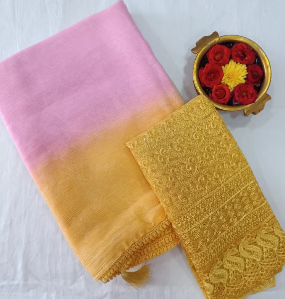Vibrant Elegance ~ Chiffon Fancy Sarees with Contrast Work Blouses