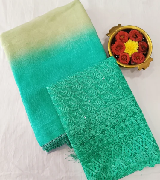 Vibrant Elegance ~ Chiffon Fancy Sarees with Contrast Work Blouses