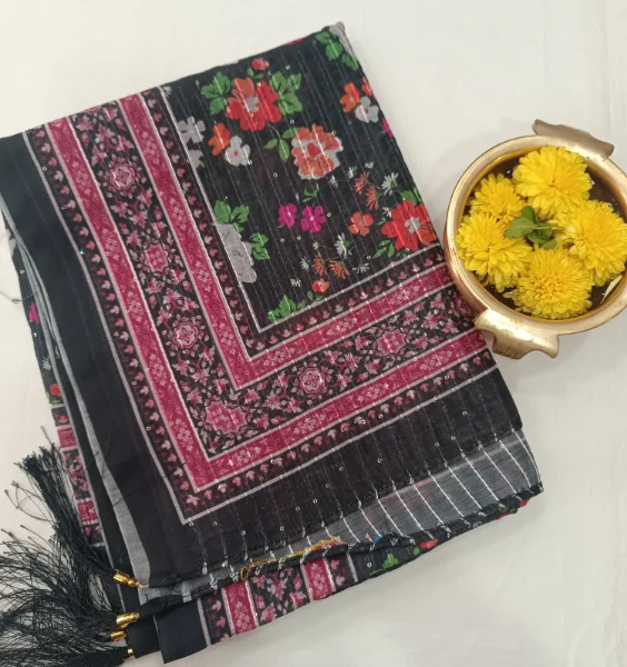FLORAL PRINTED SILK COTTON SHAWL WITH SEQUENCE